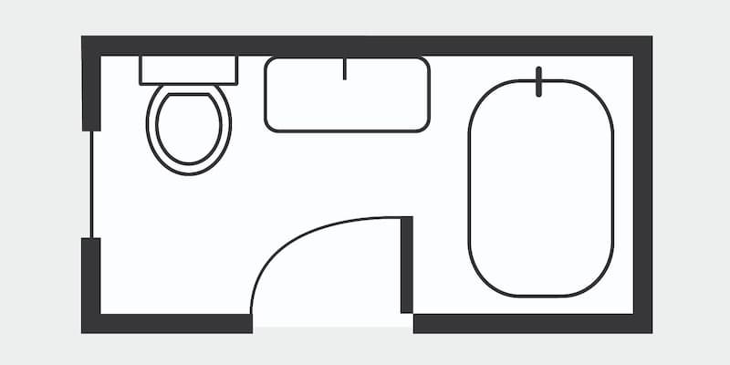 Floor plan for small full bathroom with door on long wall