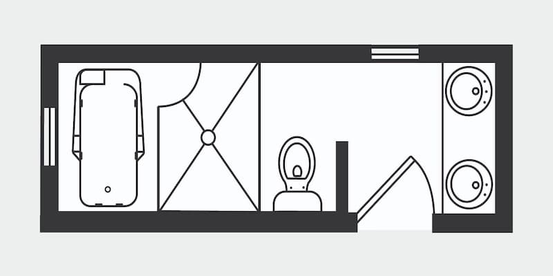 Floor plan of a bathroom with a walk-through shower