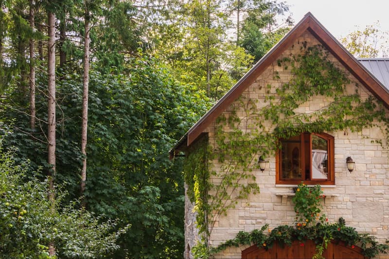 Stone house with red window