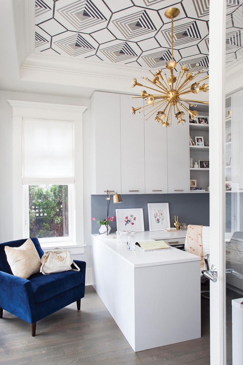 Home office with wallpapered ceiling