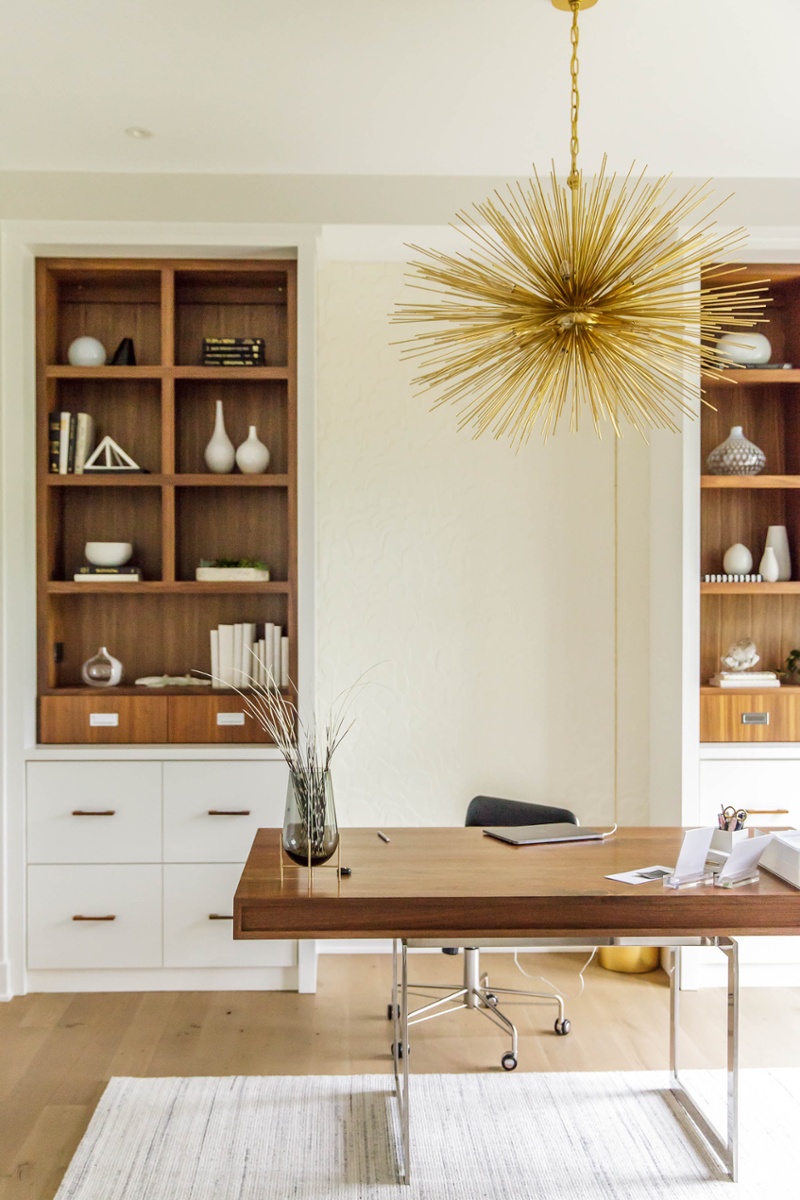 Home office with sunburst pendant