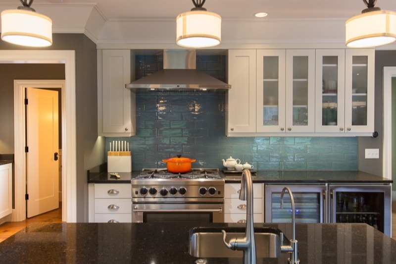 Remodeled kitchen with aqua tile