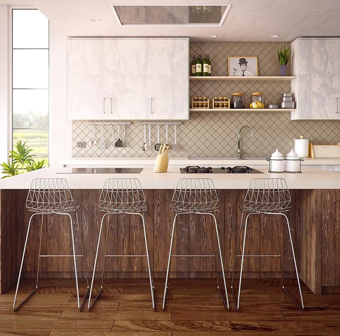 Lavish square tile backsplash with white cabinets