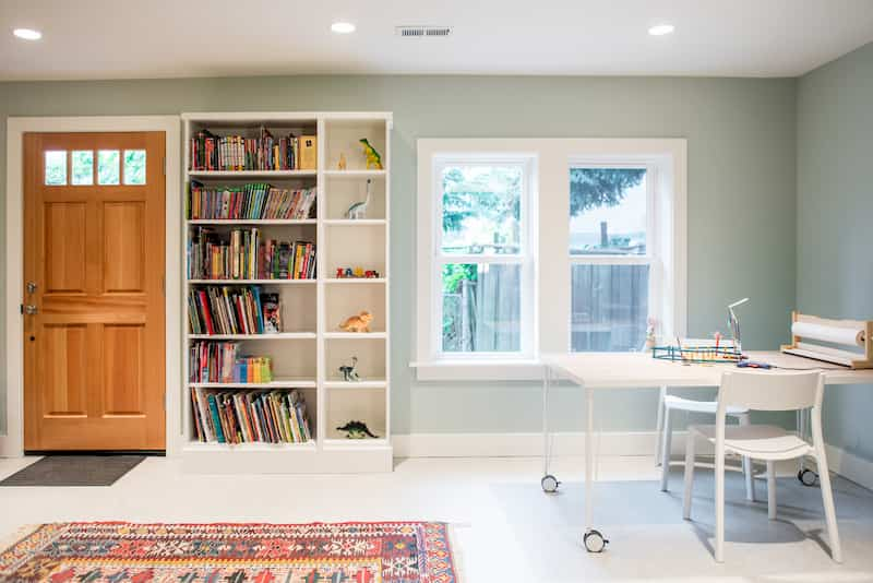 Remodeled Seattle basement with Marmoleum flooring