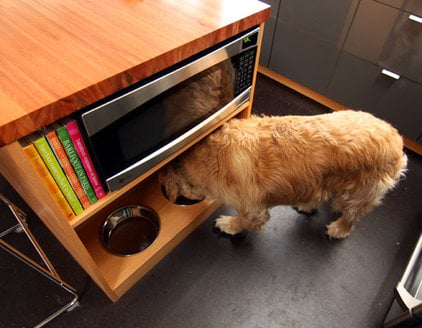 Natural Wood Kitchen Cabinets with Built in Dog Bowls