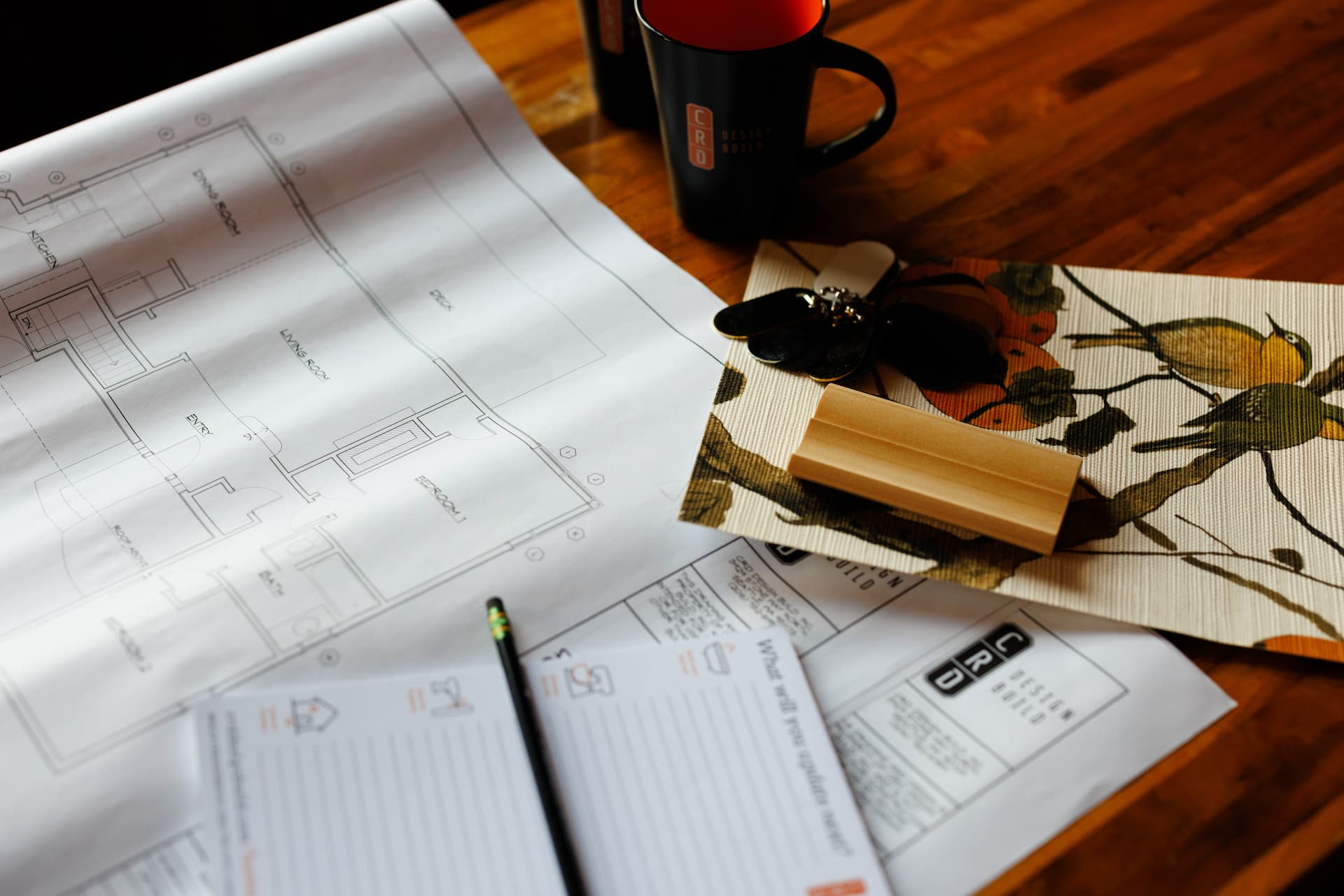 CRD Design Build plans, swatches, and notepad