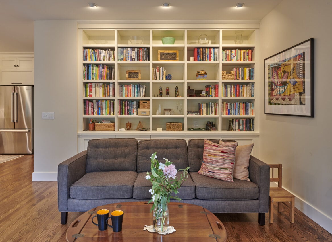 Couch with built-in bookshelves