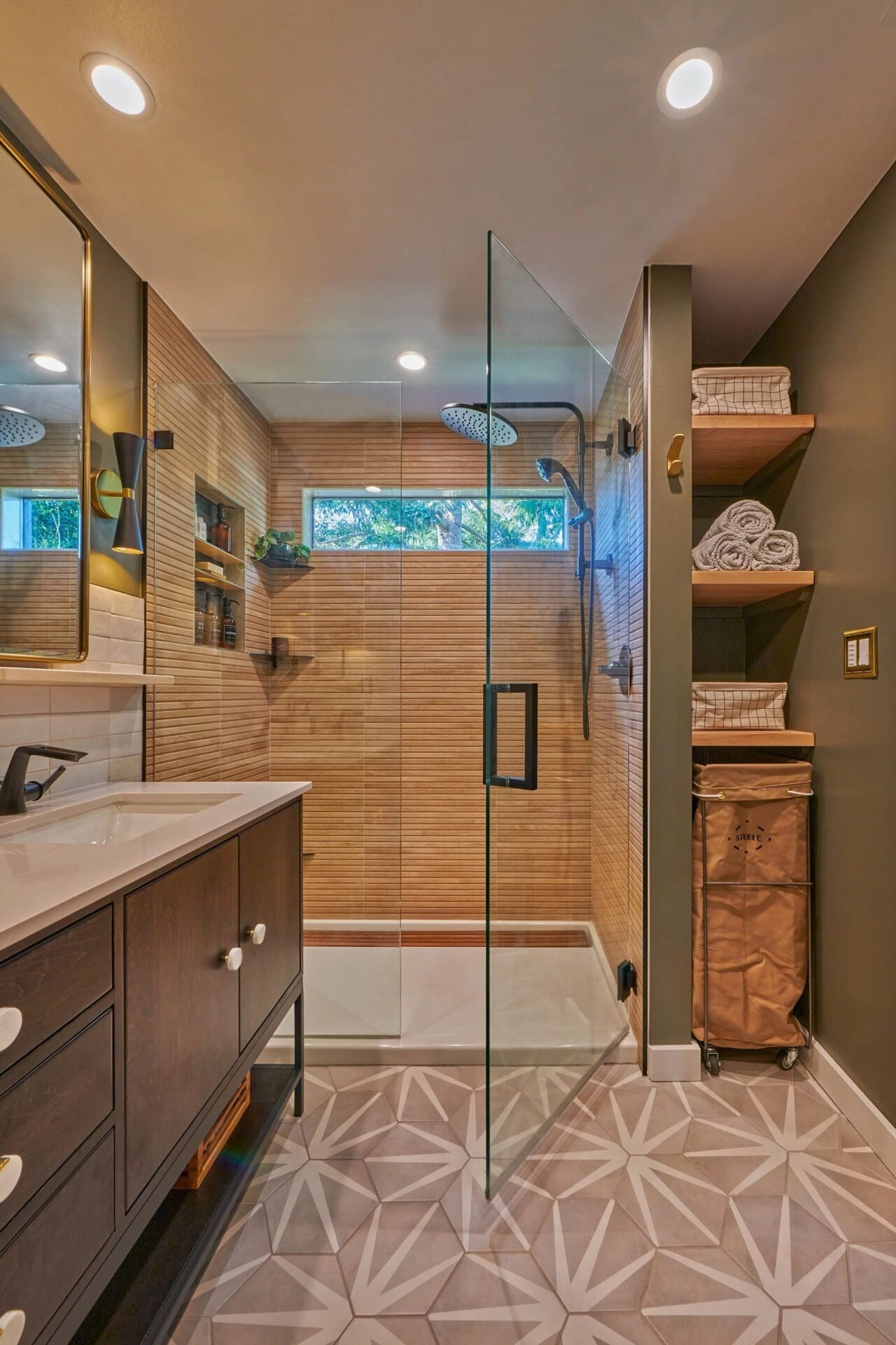 Curbed Bathroom With Wooden Backsplash
